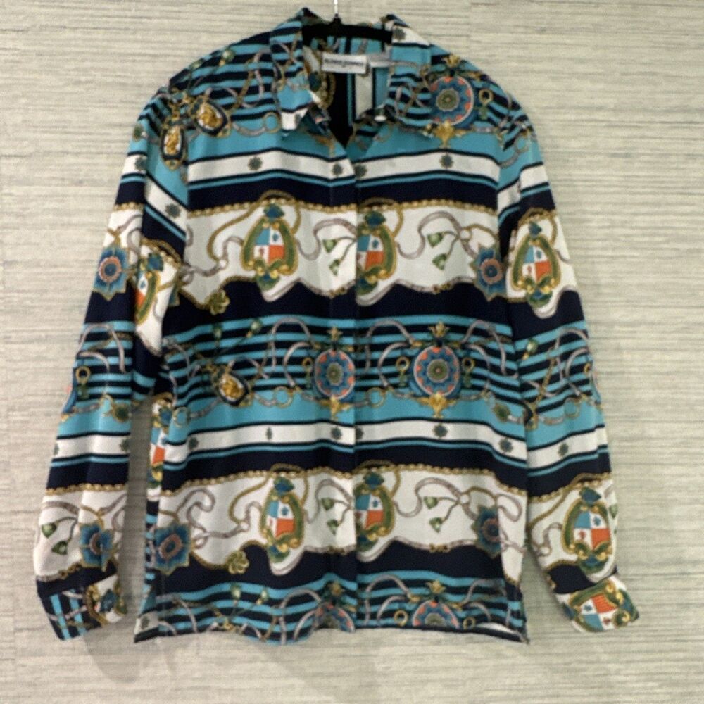 Kentucky Derby Vintage Satin Blouse Equestrian Crest Print Women Blouse Size 8